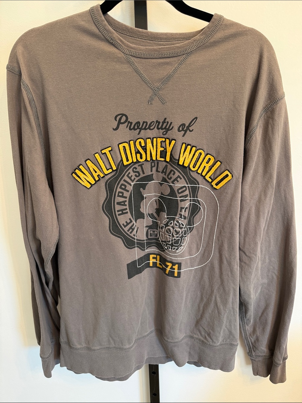 Disney Gray Crewneck Lonsleeve Shirt Yellow Stitched Walt Disney World Graphic